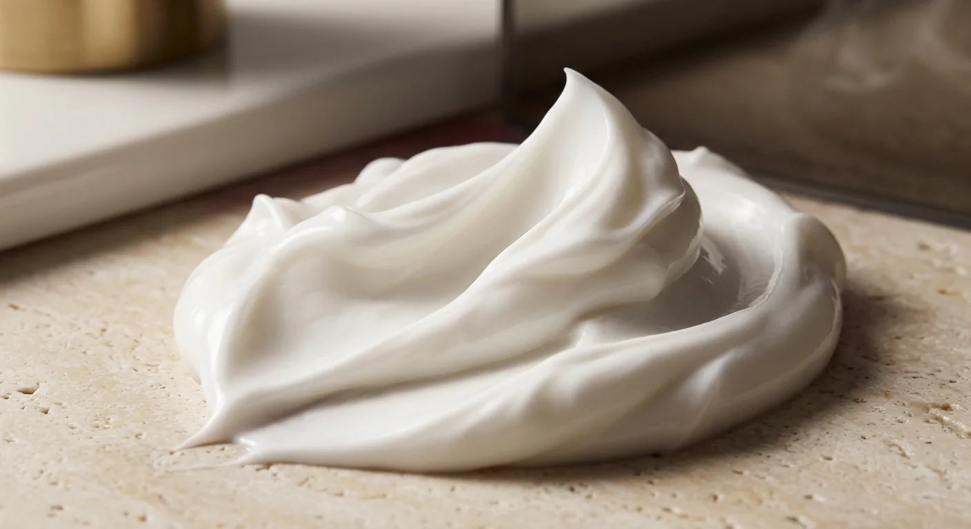 A sculptural sweep of cream on warm stone